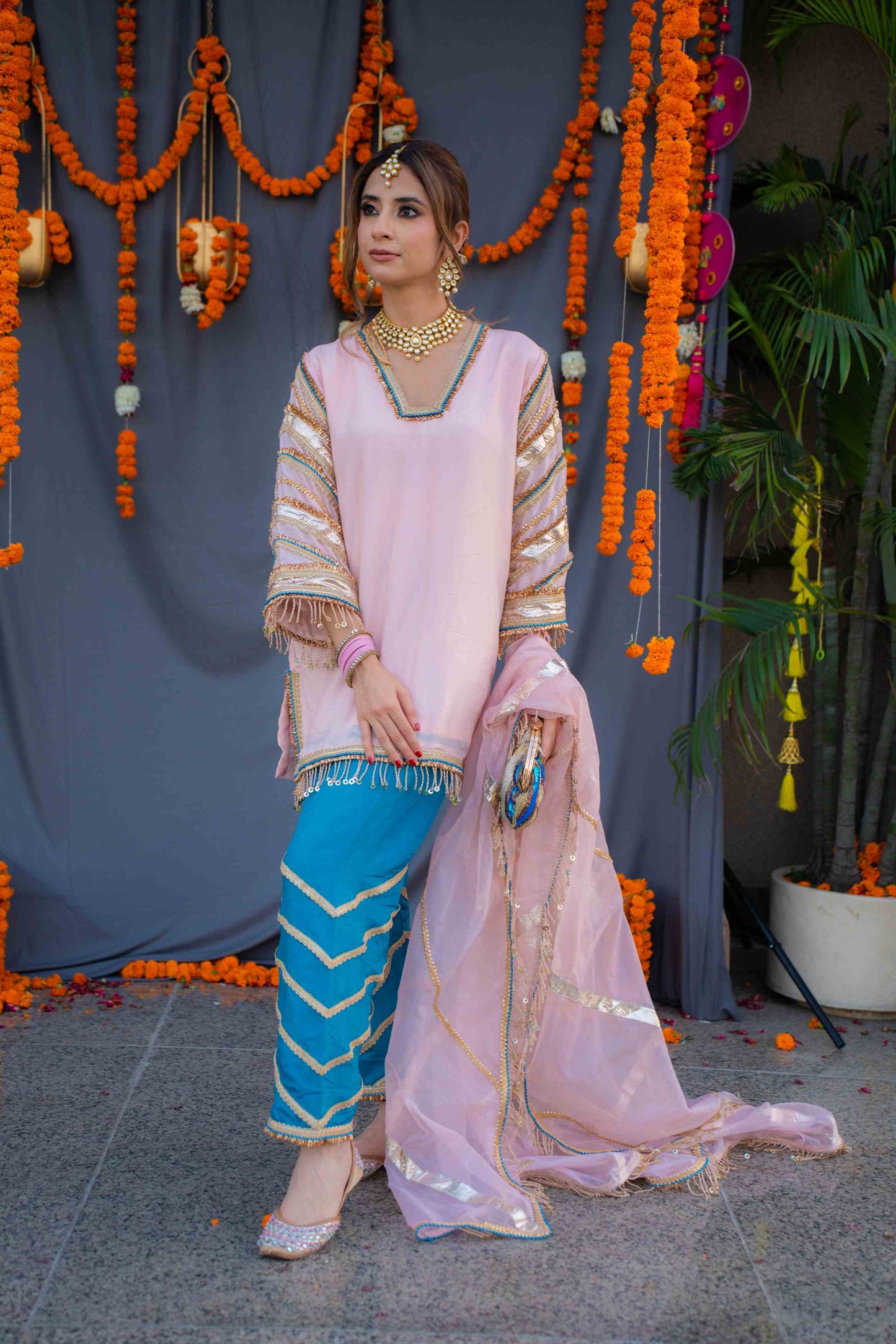 Rosegold shirt with blue pants and organza dupatta