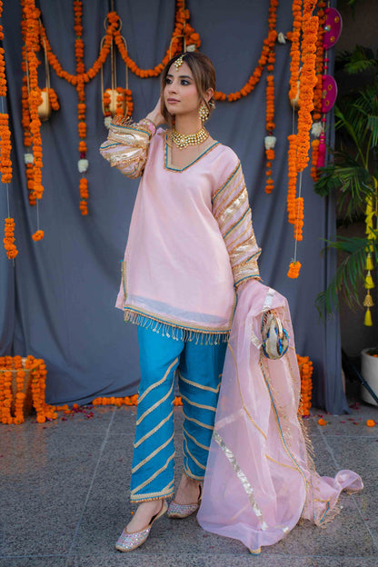 Rosegold shirt with blue pants and organza dupatta