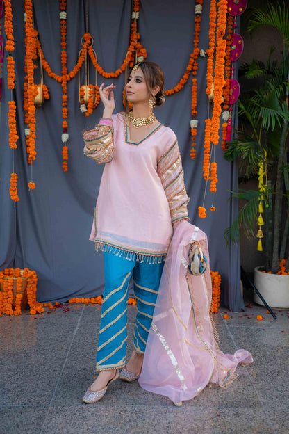 Rosegold shirt with blue pants and organza dupatta