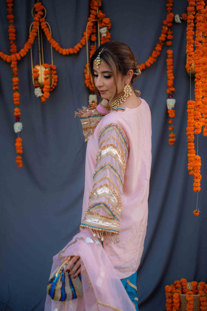 Rosegold shirt with blue pants and organza dupatta