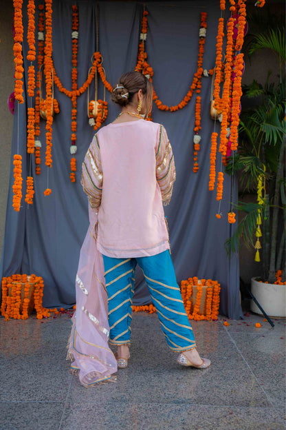 Rosegold shirt with blue pants and organza dupatta