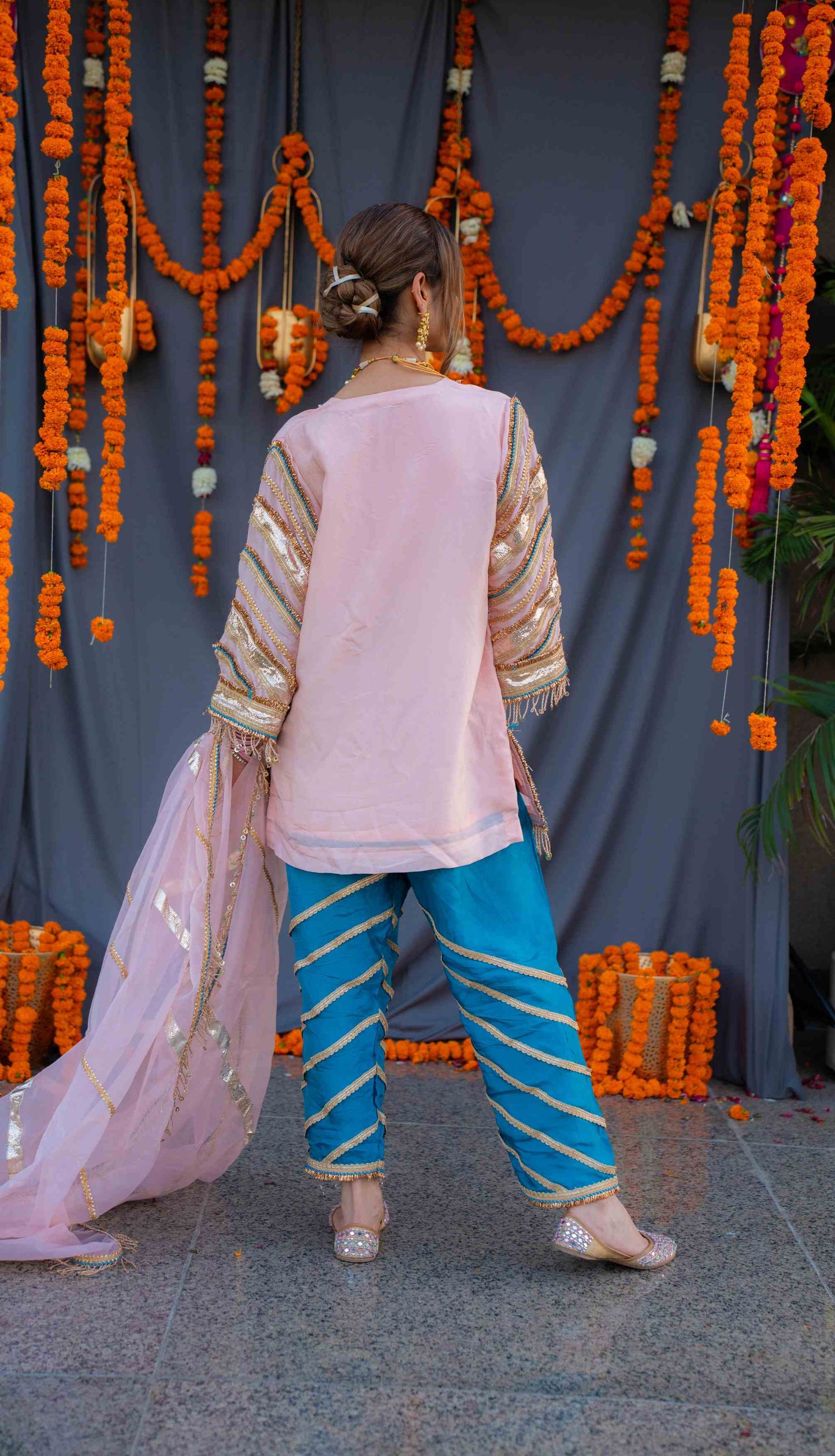 Rosegold shirt with blue pants and organza dupatta