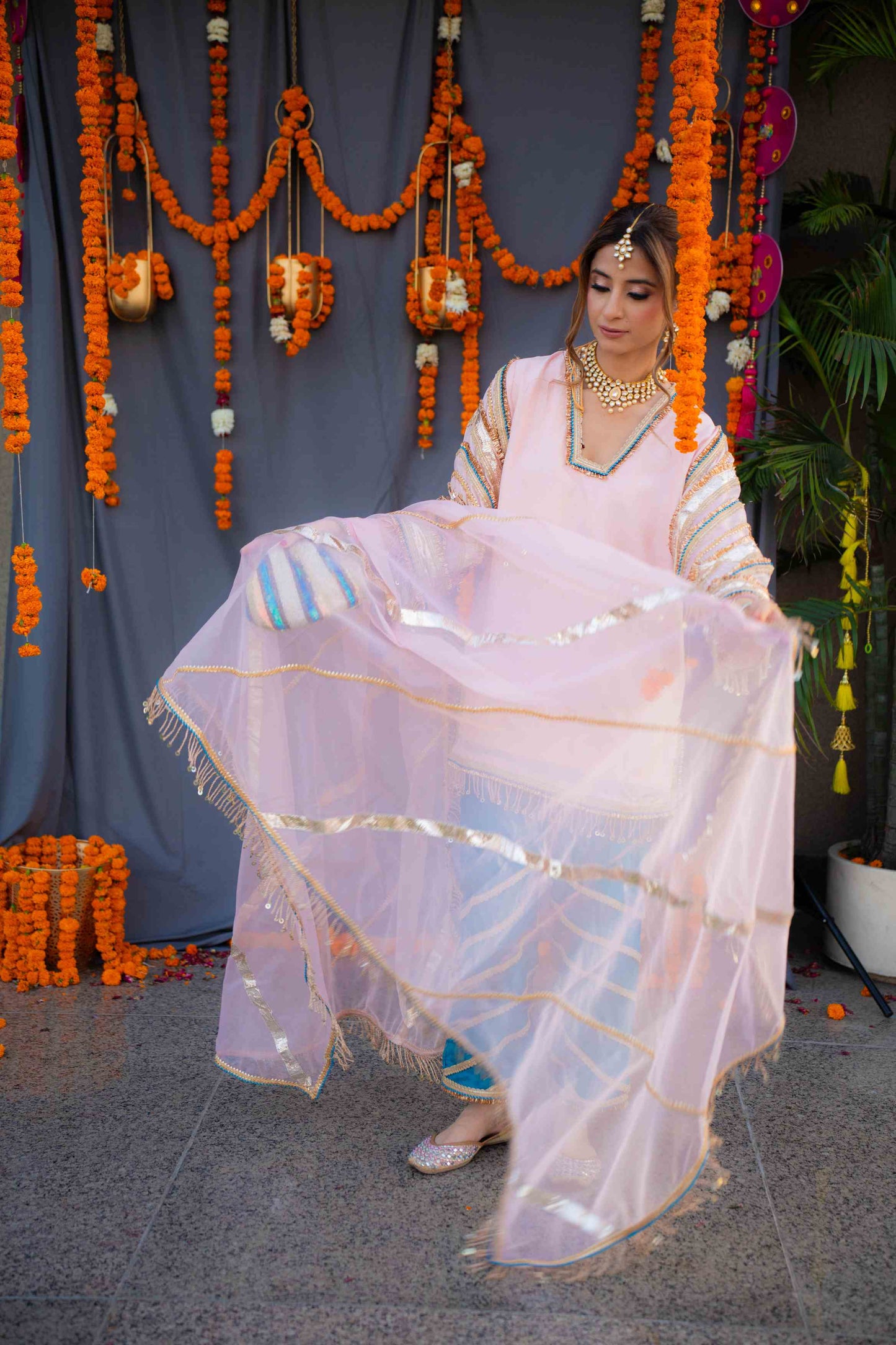 Rosegold shirt with blue pants and organza dupatta