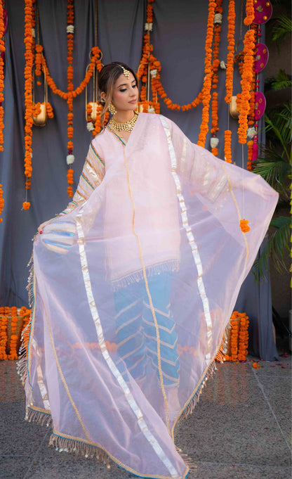 Rosegold shirt with blue pants and organza dupatta