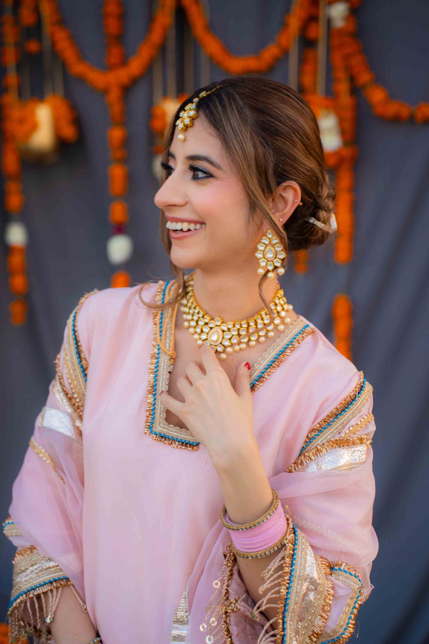 Rosegold shirt with blue pants and organza dupatta