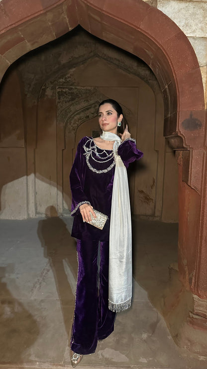 Begum-e-raat purple velvet suit set