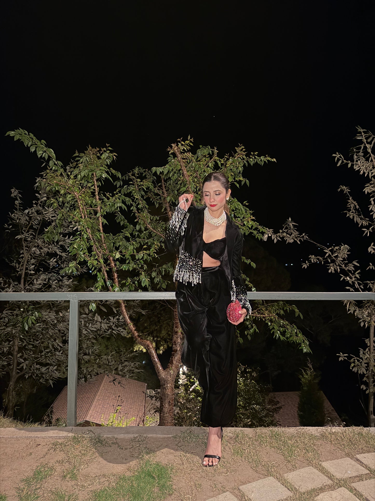 Noir Éclat Stone & Pearl Blazer set