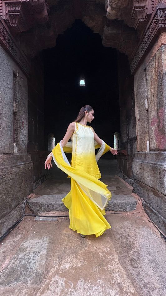 Seher - Yellow to Ivory Ombre Sharara Suit Set