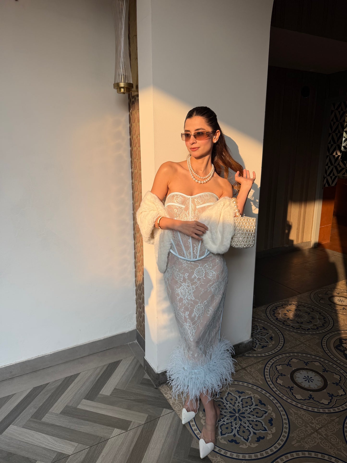 Celeste Lace Feather Midi Dress