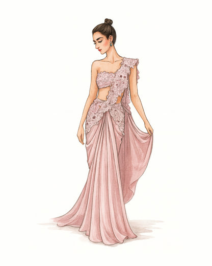 Rose Mirage - Blush Sculpted Saree