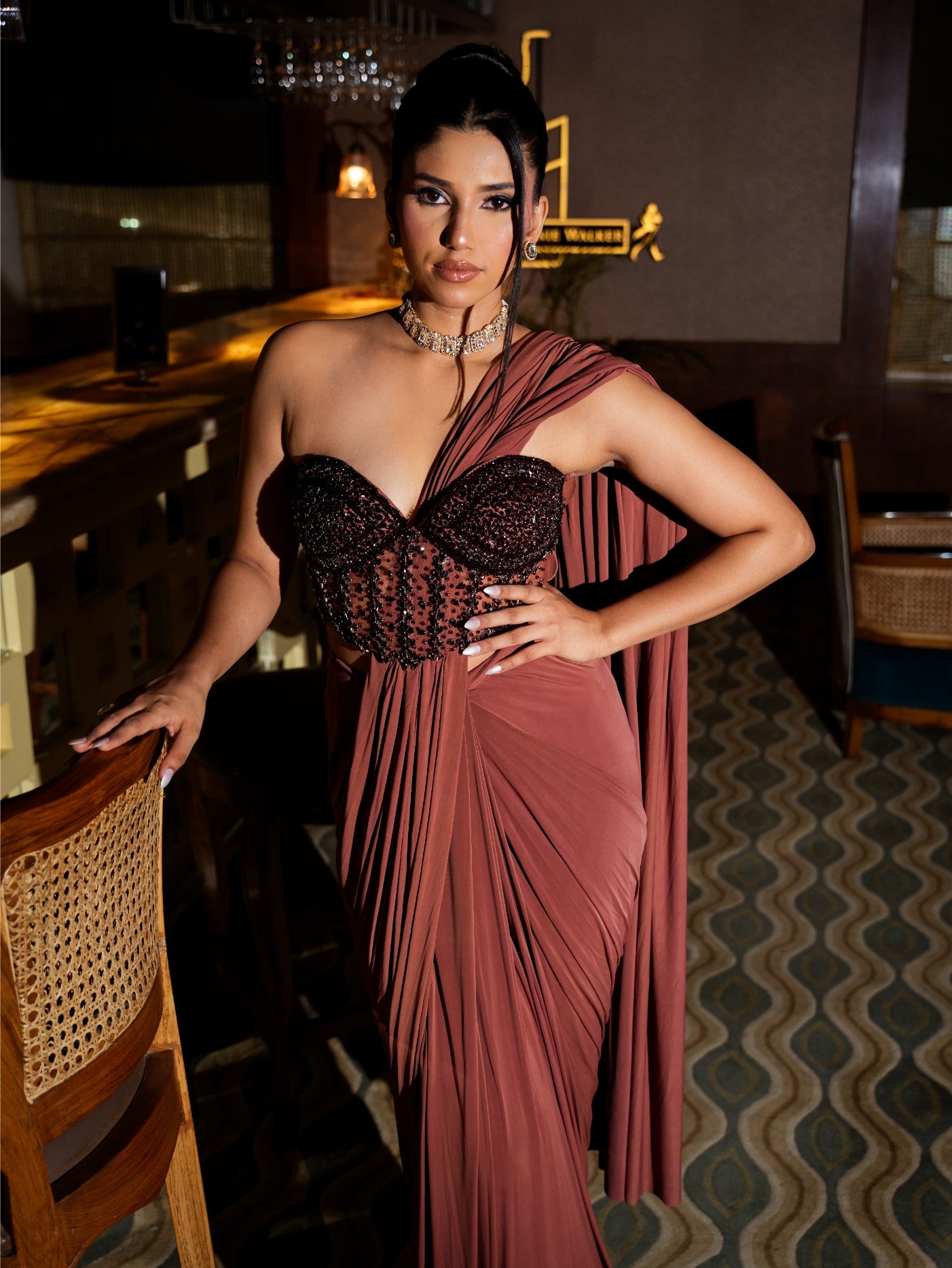 Brown Lycra Drape Saree Set With Stone And Corset Blouse